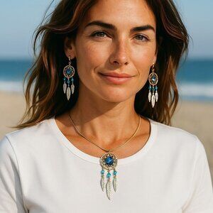 Dream Catcher Earrings Necklace Southwest Zodiac Mystical Gold-plate Herringbone